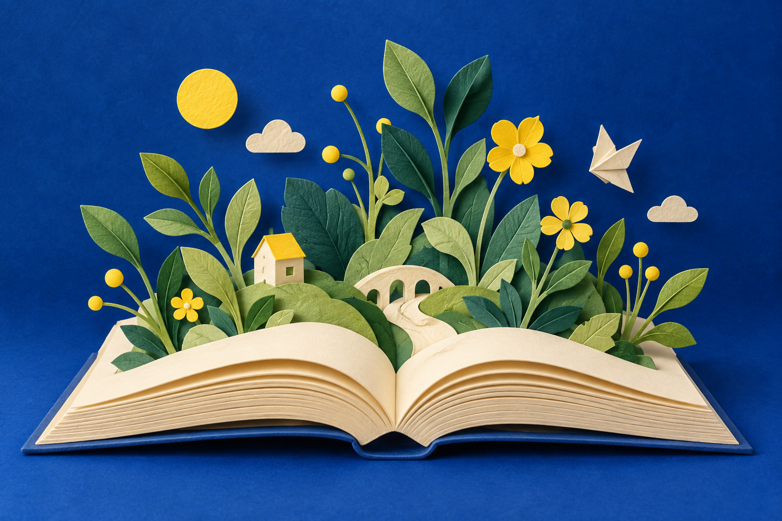 Из раскрытой книги вырастает яркий бумажный сад